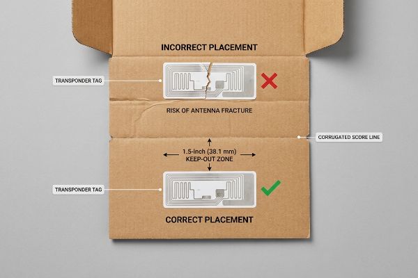 Corrugated box illustrates incorrect RFiD Transponder Tag placement causing Antenna Fracture over a Corrugated Score Line, versus correct placement with a 1.5-inch Keep-Out Zone.