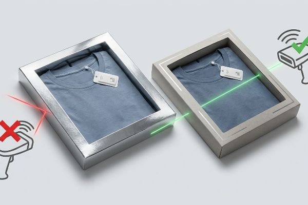 Metallic silver apparel packaging blocks an RFID tag scanner, contrasted with a matte grey box allowing a green signal to read the tag on a blue t-shirt.