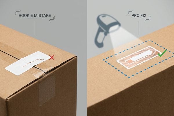 Cardboard box comparison: RFID tag placed incorrectly over a crease (Rookie Mistake) versus correctly on a flat surface (Pro Fix) for optimal scanning.