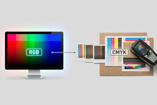 コンピューターのモニターにはRGBカラースペクトルが表示され、矢印がCMYK印刷キャリブレーションチャートと分光光度計を指し示している。.
