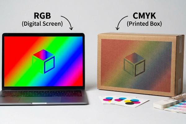 その鮮やかな対比を示す例として、ノートパソコンにはキューブ型のロゴとともに鮮やかなRGB（デジタルスクリーン）カラーが表示され、それとは対照的に、同じデザインが落ち着いたCMYK（印刷された箱）にカラーサンプルとパントンカラーガイドとともに表示されている。.