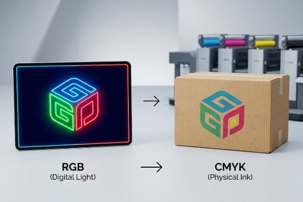 RGB to CMYK Conversion Glowing RGB 'G P' logo on a tablet converts to CMYK printed on a cardboard box, showing digital light to physical ink.