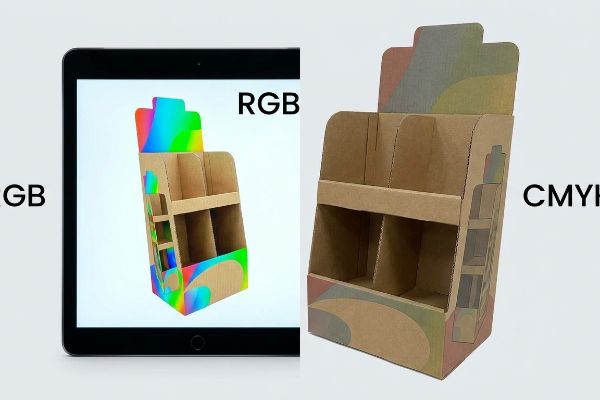 Comparing a vibrant RGB digital cardboard display on tablet with a dull CMYK printed corrugated display.