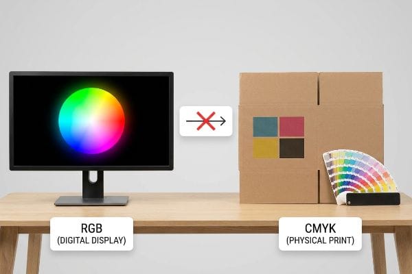 モニター上のRGBデジタルディスプレイのカラーホイールとCMYK物理印刷ボックスのコントラストは、カラーモデルの非互換性を視覚的に示す。.