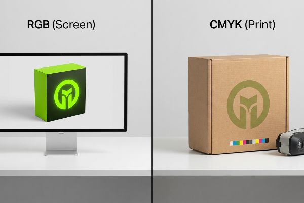 A monitor shows a vibrant Rgb (Screen) green logo, contrasting with a dull Cmyk (Print) olive logo on a cardboard box with color swatches.