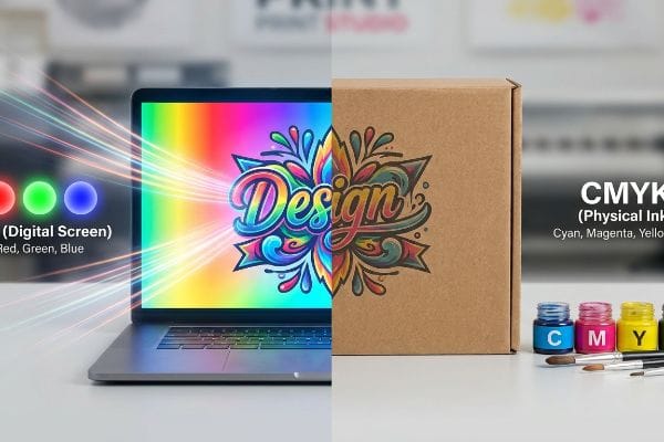 Ein Laptop-Bildschirm zeigt ein lebendiges RGB-Design, verglichen mit demselben Design als CMYK-Druck auf einem Karton, daneben CMY-Farbtöpfe.