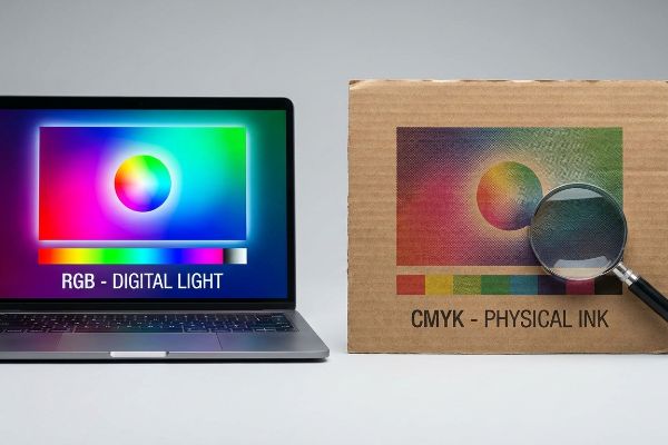 Laptop screen with Rgb - Digital Light contrasts with a corrugated box showing Cmyk - Physical Ink print under a magnifying glass.