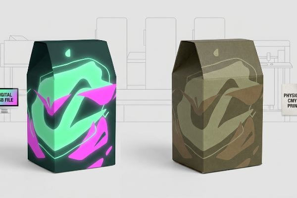 Vibrant neon green and magenta Digital RGB File packaging box next to a dull olive-brown Physical CMYK Print box, illustrating color shift.