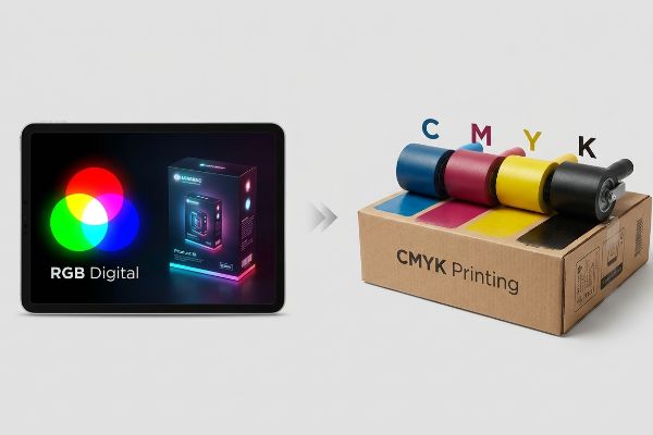 Converting RGB Digital colors on a tablet to CMYK Printing inks on a corrugated box with Cyan, Magenta, Yellow, Black rolls.