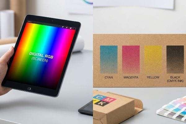 Tablet displays Digital RGB (Screen) colors, contrasted with CMYK ink swatches on raw paperboard: Cyan, Magenta, Yellow, Black.