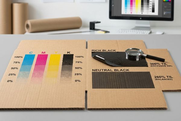 Corrugated board displays CMYK color swatches from 0% to 100%, alongside Rich Black (300% Til, Excessive Ink) and Neutral Black (260% Til, Balanced) ink tests.