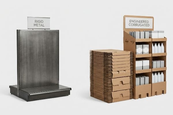 Comparing a Rigid Metal display fixture with flat-packed and assembled Engineered Corrugated cardboard end cap displays, highlighting material choices for retail.