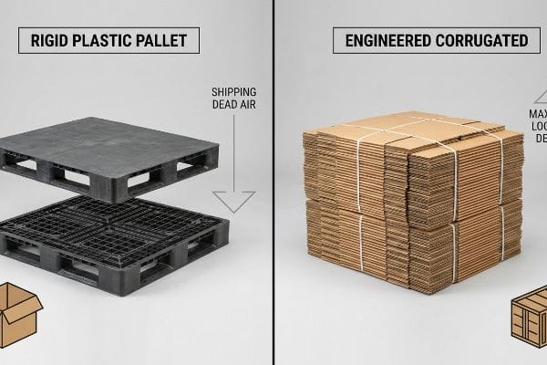 Two rigid plastic pallets and a stack of flat-packed engineered corrugated sheets, showing 'Shipping Dead Air' versus efficient packaging.