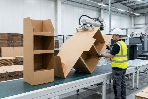 A factory worker and robotic arm assemble a corrugated retail display on a conveyor belt, showcasing efficient production.
