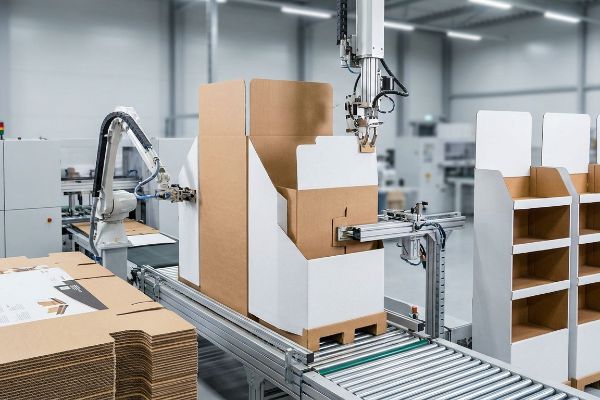 Automated robotic arm precisely assembling a custom corrugated retail display on a factory conveyor, optimizing point-of-purchase merchandiser production.