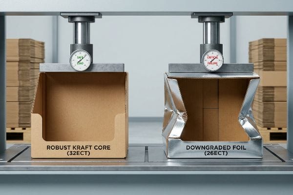 Robust Kraft Core (32ECT) box under Safe Load, contrasting with crumpled Downgraded Foil (26ECT) box showing Critical Failure.