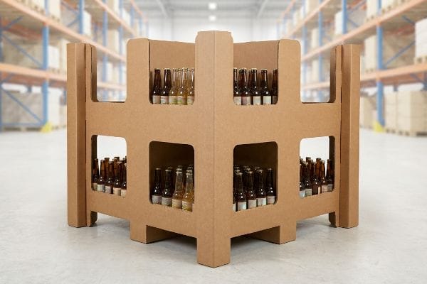 Brown corrugated shop-through display with rolled-edge windows, engineered for 360-degree shoppability, holding beverage bottles in a warehouse.