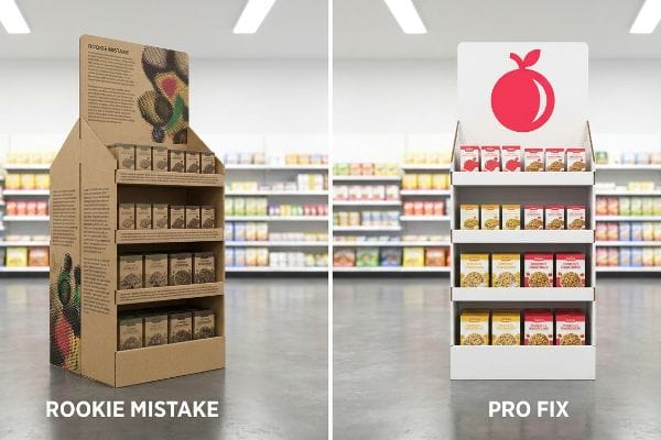 Brown corrugated endcap display, labeled 'Rookie Mistake', features text-heavy graphics and muted product boxes in a supermarket aisle.
