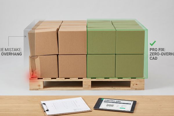 A wooden pallet displays a 'Rookie Mistake: Overhang' with crushed brown boxes versus 'Pro Fix: Zero-Overhang CAD' with perfectly aligned green boxes, alongside a 'Structural Audit' tablet.