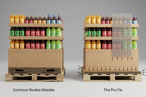 Corrugated display pallet comparison: Common Rookie Mistake shows bottom-tier sag on wooden pallet gaps; The Pro Fix uses solid corrugated slip sheets.