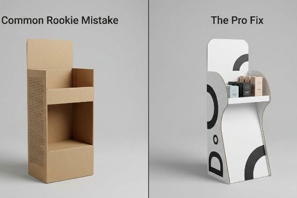 Brown corrugated cardboard display, "Common Rookie Mistake", contrasts with a white die-cut "The Pro Fix" retail merchandising stand with products.