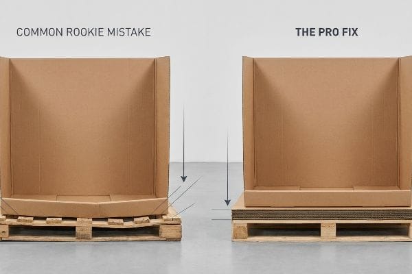 Brown corrugated display box showing a Common Rookie Mistake of sagging into pallet gaps, contrasted with The Pro Fix using a rigid slip sheet for uniform weight distribution.