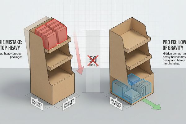Viertelpaletten-Displays aus Karton: Anfängerfehler (kopflastig, instabil) vs. Profilösung (niedriger Schwerpunkt, Bodenballast) für eine Grundfläche von 24x20 Zoll.