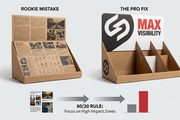 Cardboard POP displays contrast 'Rookie Mistake' vs. 'Pro Fix' with 'Max Visibility' logo, 80/20 rule.