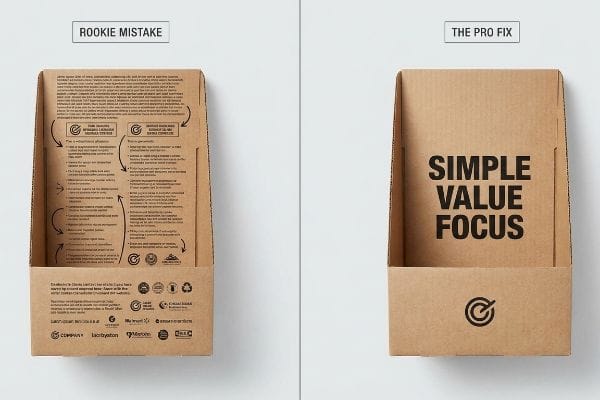 Display Rookie Pro Fix Kraft cardboard retail display boxes contrasting a "Rookie Mistake" with cluttered text and a "The Pro Fix" featuring "Simple Value Focus".