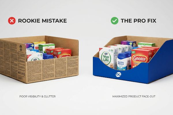 Brown cardboard 'Rookie Mistake' display with poor visibility versus blue die-cut 'The Pro Fix' maximizing product face-out.