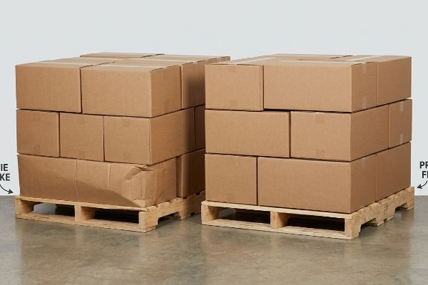 Brown corrugated boxes on wooden pallets, contrasting a damaged, bowing box (Rookie Mistake) with a stable, properly stacked unit (Pro Fix).