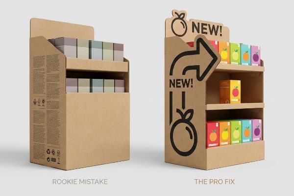 Cardboard end cap displays: 'Rookie Mistake' (dense text, high lips) vs. 'The Pro Fix' (bold 'New!' graphics, fruit products).