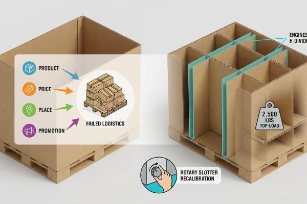 Cardboard pallet display contrasts 4 P's failed logistics with engineered H-Divider for 2,500 Lbs Top-Load, via rotary slotter recalibration.