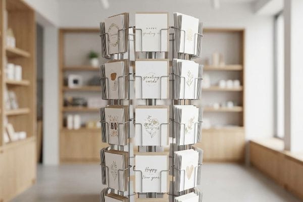 Rotating metal greeting card display rack filled with 'Happy Greeting' and 'Happy New Year' cards, optimizing retail vertical space.