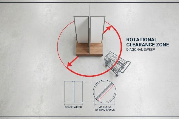 Un présentoir rotatif sur socle en bois, avec un chariot, met en évidence la zone de dégagement en rotation et le balayage diagonal. Des schémas comparent la largeur statique au rayon de braquage maximal.