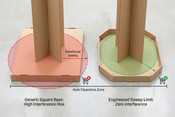 Cardboard display bases compare a generic square base with high rotational sweep interference risk to an engineered sweep limit base ensuring zero aisle clearance.