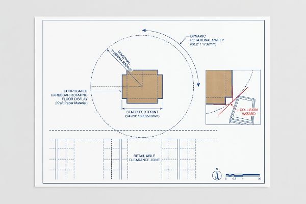 A blueprint diagram illustrates a Corrugated Cardboard Rotating Floor Display (Kraft Paper Material) with a 24x20