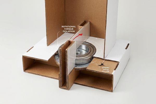 L'emballage en carton ondulé démontre une « isolation du couple de rotation » pour un palier métallique, empêchant une « défaillance par cisaillement générique ».