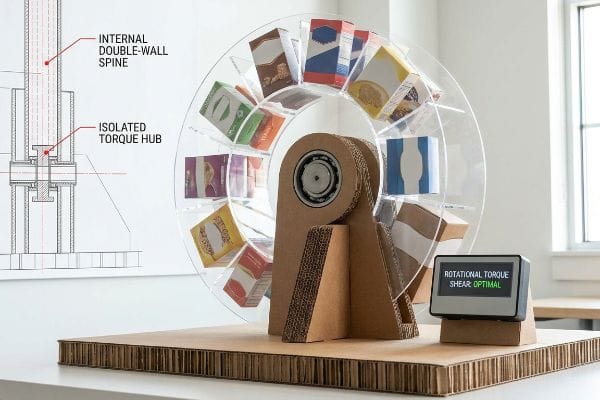 Corrugated cardboard kinetic rotating merchandiser with an acrylic wheel, displaying 