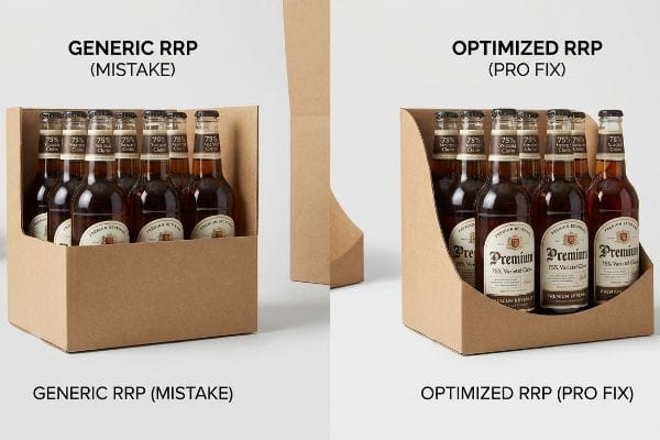 Brown cardboard Rrp compares generic high lip obscuring bottle labels to optimized die-cut swoop, revealing 'Premium 75% Varietal Claim'.