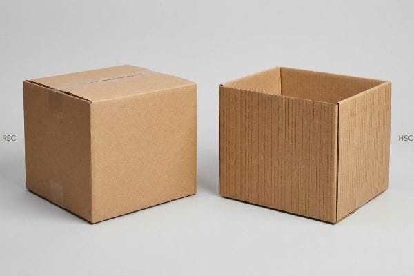 Brown corrugated Rsc (Regular Slotted Container) and open Hsc (Half Slotted Container) boxes, showcasing packaging containment.