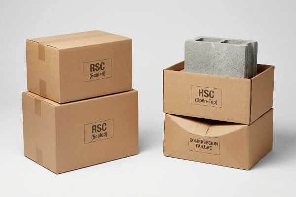 Brown corrugated boxes: two sealed RSC (Sealed) and a stack with an open-top HSC (Open-Top) holding a concrete block, above a Compression Failure box.