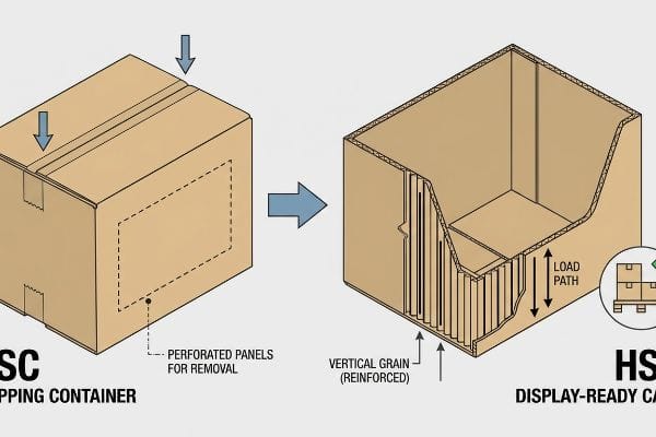 RSC Shipping Container converts to HSC Display-Ready Case, showing perforated panels and reinforced vertical grain.