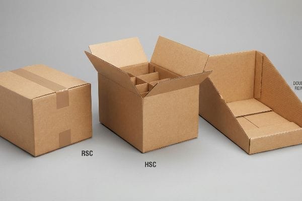 Displayboxen aus Wellpappe mit einem versiegelten RSC (Retail Short Case), einem offenen HSC (High Short Case) mit Trennwänden und einer doppelt verstärkten, verkaufsfertigen Schale.
