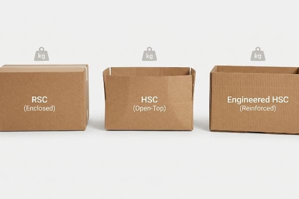 Box Styles Comparison Brown corrugated boxes: Rsc (Enclosed), Hsc (Open-Top), and Engineered Hsc (Reinforced), displayed with kilogram weight icons.