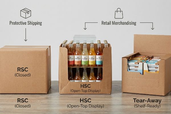 Three corrugated boxes: RSC (Closed) for protective shipping, HSC (Open-Top Display) with beverage bottles, and Tear-Away (Shelf-Ready) with snack bars for retail.