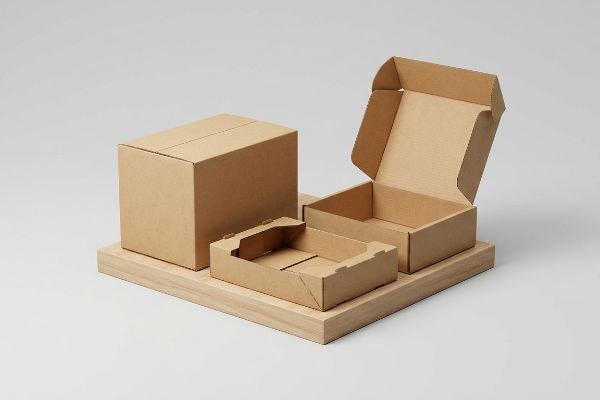 Corrugated cardboard boxes: a closed RSC, an open custom die-cut tray, and an open HSC, presented on a wooden board.