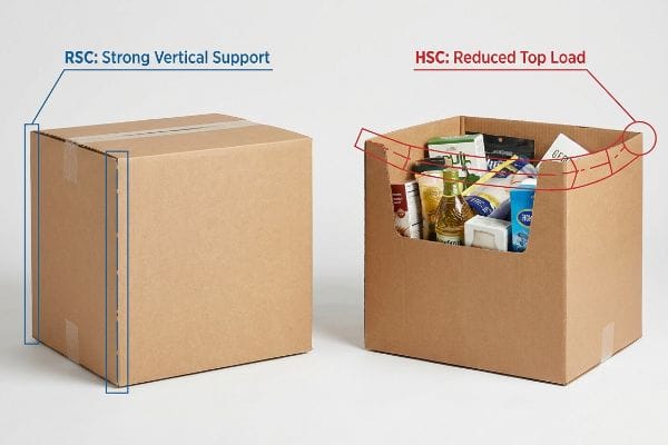 Two corrugated cardboard boxes: an RSC with Strong Vertical Support highlighted, and an HSC with Reduced Top Load, filled with retail items.