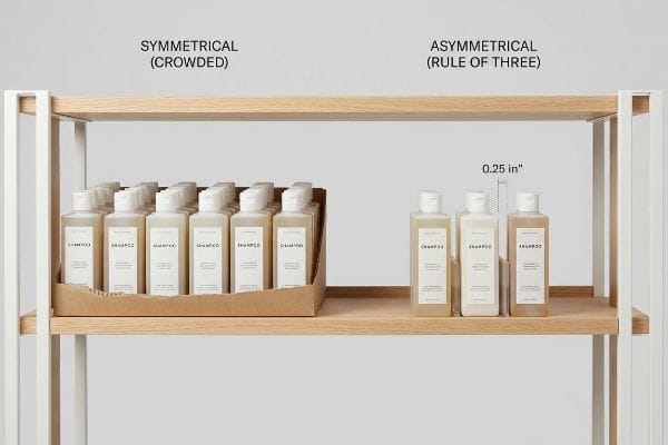 Wooden shelf contrasting Symmetrical (Crowded) shampoo bottles in a tray with Asymmetrical (Rule Of Three) bottles showing 0.25 in clearance.