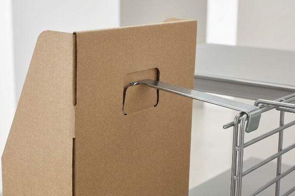 Brown corrugated cardboard panel with a die-cut slot, securely attached to a silver wire retail rack using a universal metal S-clip bracket for hanging displays.